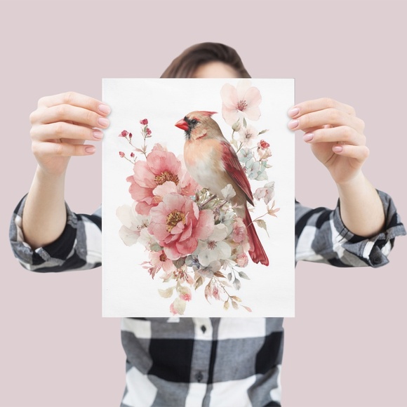 Watercolor Female Cardinal Bird with Flowers Wall Art Print Unframed - Picture 4 of 7